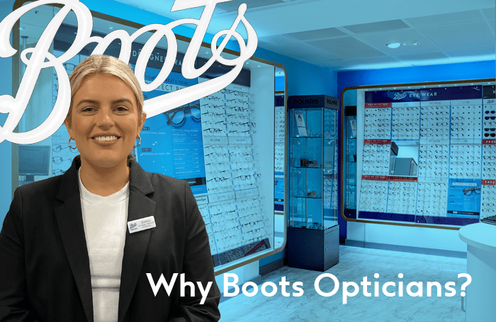 A female optometrist is overlaid on the Boots logo and in the background is the Boots Opticians