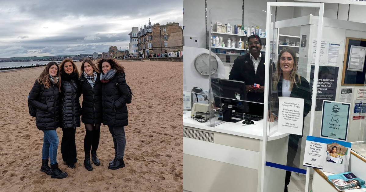 On the left side a group of four women stand together on a beach. The image on the right shows a woman and man smiling behind the pharmacy counter