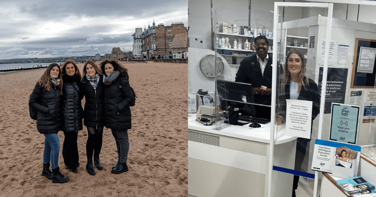 On the left side a group of four women stand together on a beach. The image on the right shows a woman and man smiling behind the pharmacy counter On the left side a group of four women stand together on a beach. The image on the right shows a woman and man smiling behind the pharmacy counter