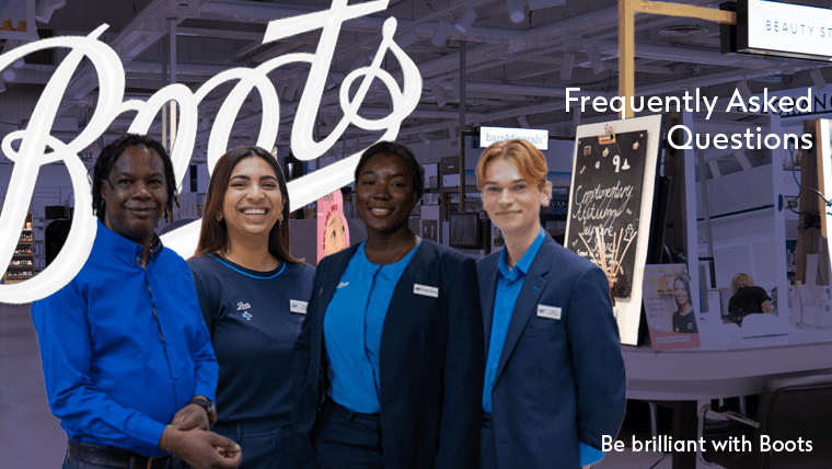 Four Boots colleagues from different departments overlaid on the Boots Logo and in the background is the Boots Store. It also includes our page title "Frequently Asked Questions".
