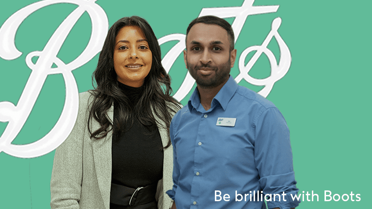 One male and one female pharmacy colleagues overlaid on the Boots Logo and the background is filled with a solid mint green colour.