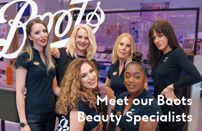 Six female Boots Beauty Specialists are overlaid on the Boots logo and in the background is the Boots store
