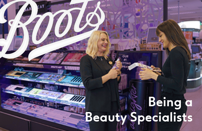 Two female Boots Beauty Specialists are overlaid on the Boots logo and in the background is the Boots Makeup Counter