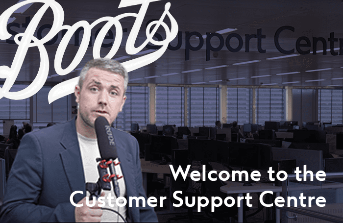 A male standing with a microphone is overlaid on the Boots Logo and in the background is the customer support centre and in the bottom right corner it reads welcome to the customer support centre