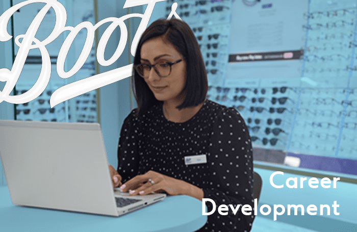 A female Boots Opticians Colleague is overlaid on the Boots Logo and in the background is the Boots Opticians Store. In the bottom right corner it reads as Career Development