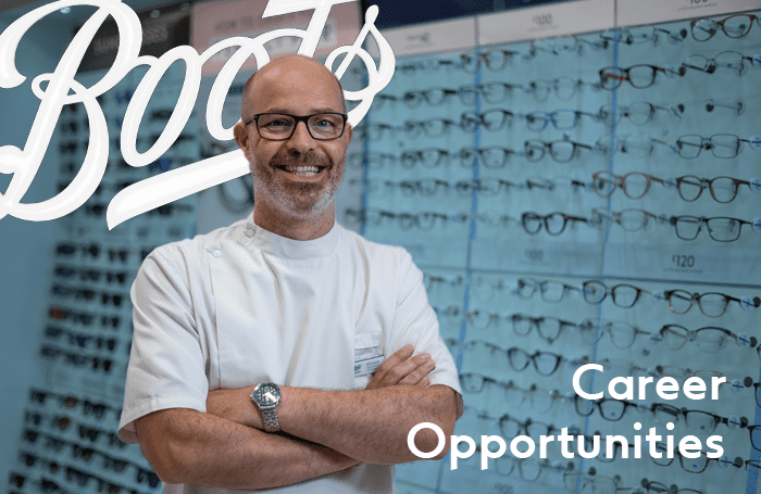A male Boots Opticians colleague is overlaid on the Boots logo and in the background is the Boots Opticians Store. The bottom right of the image reads as Career Opportunities.