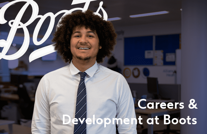 A male year in industry Boots colleague is overlaid on the Boots logo and the bottom right of the image reads as Careers and Development at Boots.