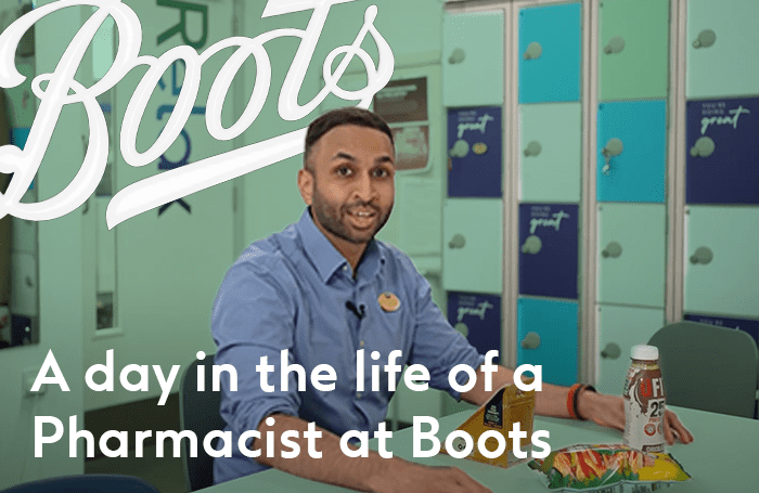 A male pharmacist is overlaid on the Boots logo and in the background is the Boots Pharmacy and