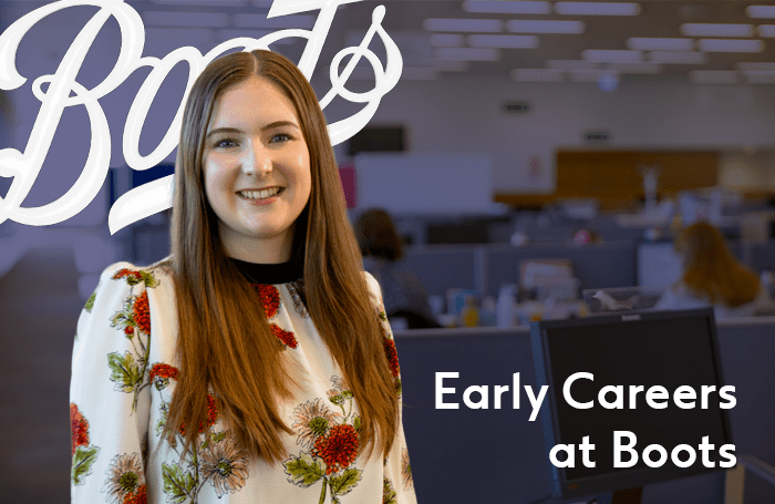 A female year in industry Boots colleague is overlaid on the Boots logo and the bottom right of the image reads as Early careers at Boots.