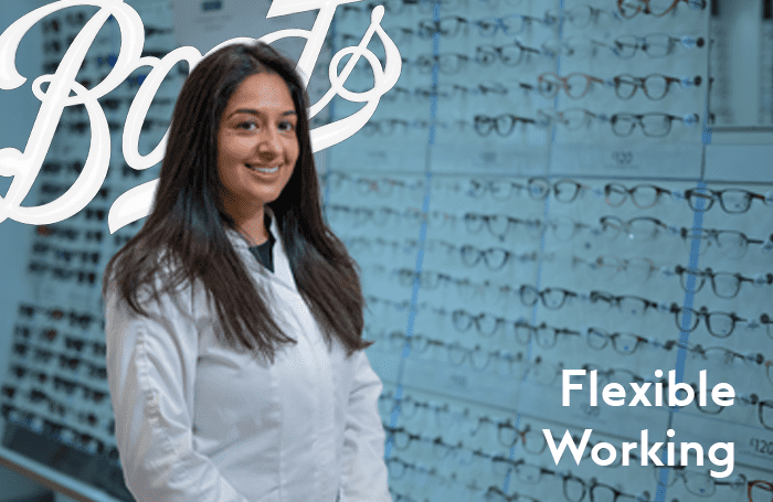 A female Boots Opticians Colleague is overlaid on the Boots Logo and in the background is the Boots Opticians Store. The bottom right of the image reads flexible working.