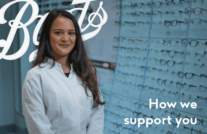 A female Boots Opticians Colleague is overlaid on the Boots Logo and in the background is the Boots Opticians Store. The bottom right corner reads as How we support you.