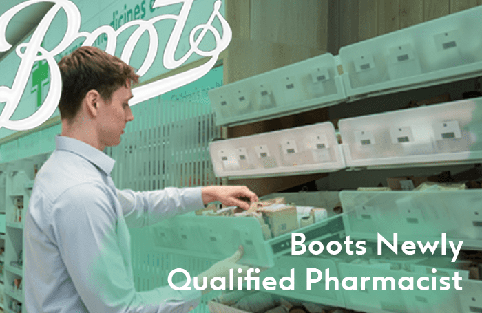 A male pharmacist is overlaid on the Boots Logo and is sorting the prescription in a Boots Pharmacy