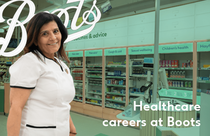 A female pharmacist in Boots pharmacy uniform is overlaid on the Boots logo and in the background is the Boots pharmacy. The bottom right corner of the imager reads as Healthcare careers at Boots