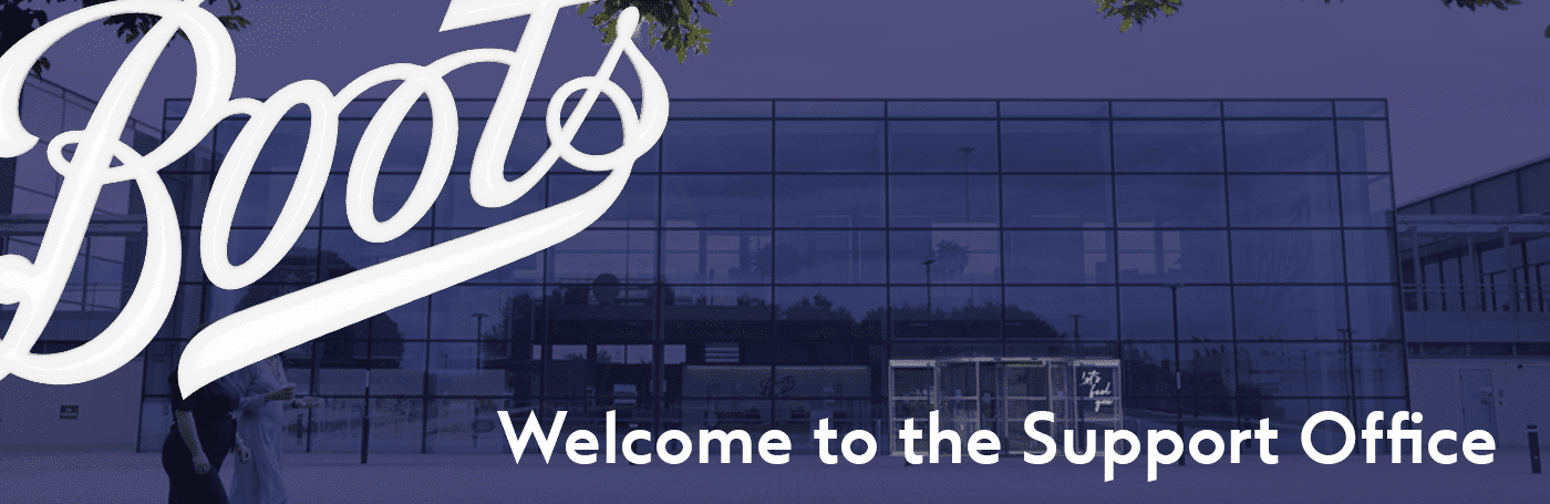 Boots logo overlaid on the boots head office. The bottom right of the image reads as Welcome to the support office.