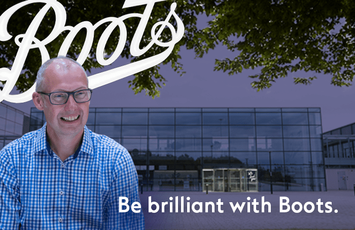 Boots colleague overlaid on the Boots logo and in the background is the Boots support office