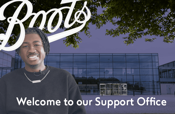 Boots colleague overlaid on the Boots logo and in the background is the Boots support office